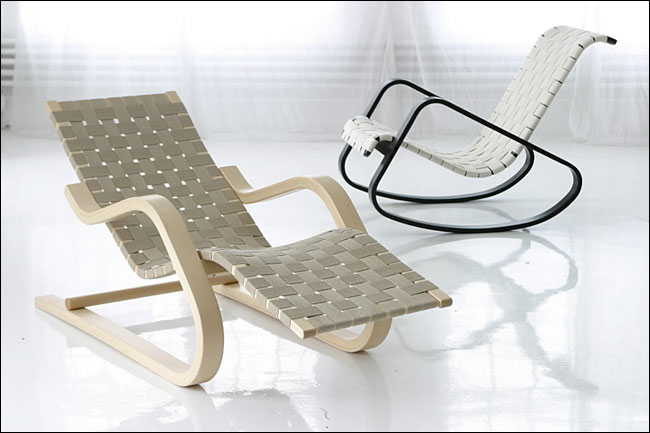 An Aalto 406 lounge chair, introduced in 1938 and still in production, and the 1950 Italian design Dondola rocker, now with a wenge-colored frame and white cotton webbing.